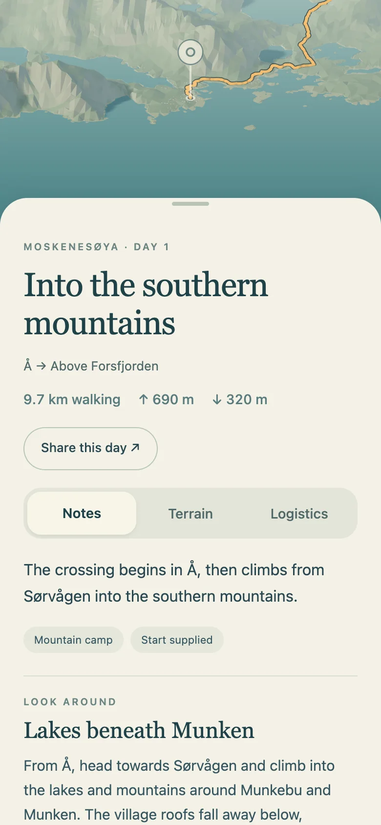Day 1 chapter with walking figures, tabs and researched notes about the southern mountains.