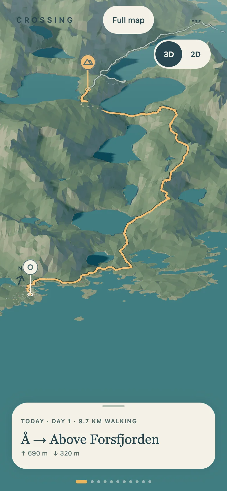 Day 1 terrain view with the route from Å to Above Forsfjorden and a compact stage card.