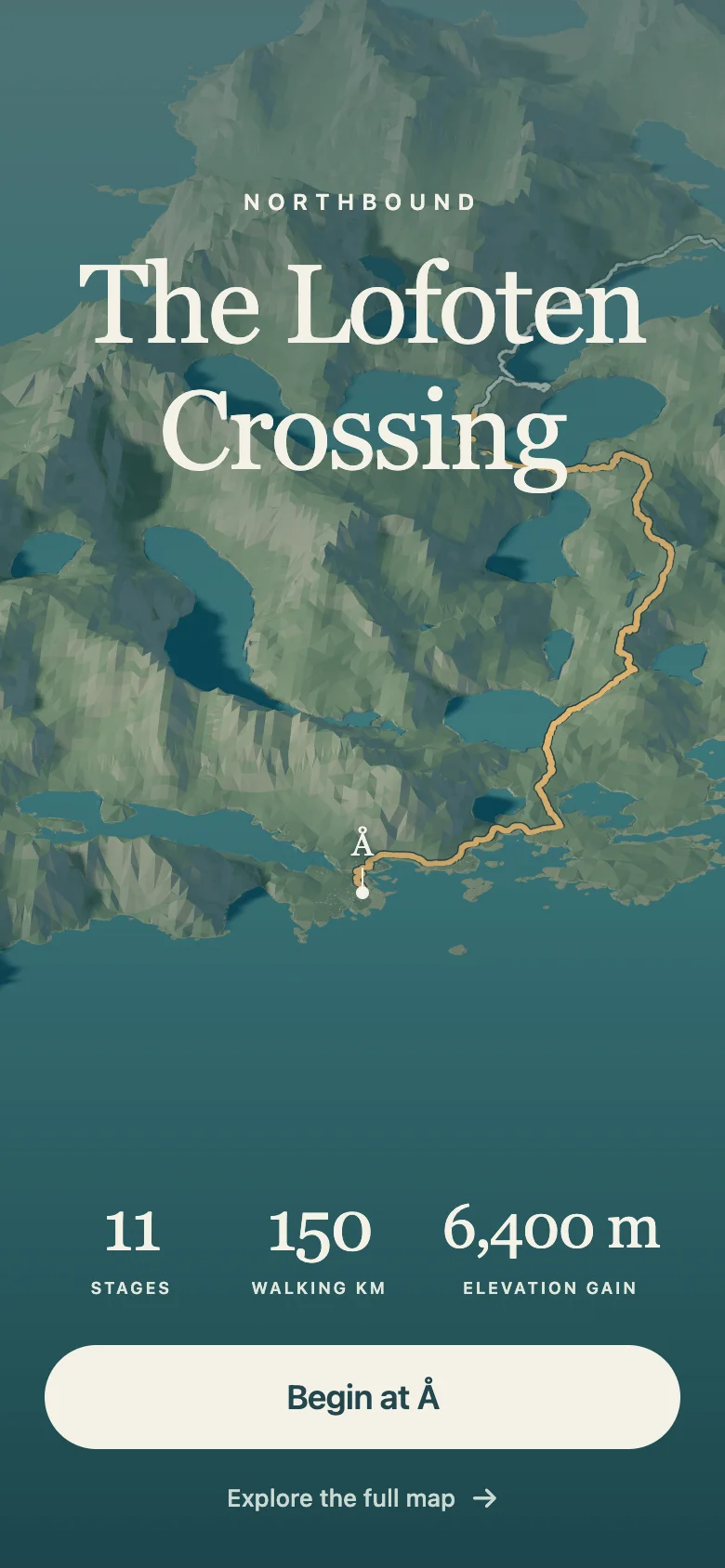 Lofoten Crossing opening screen: the northbound journey from Å, with the crossing title, terrain, journey totals and Begin at Å button.